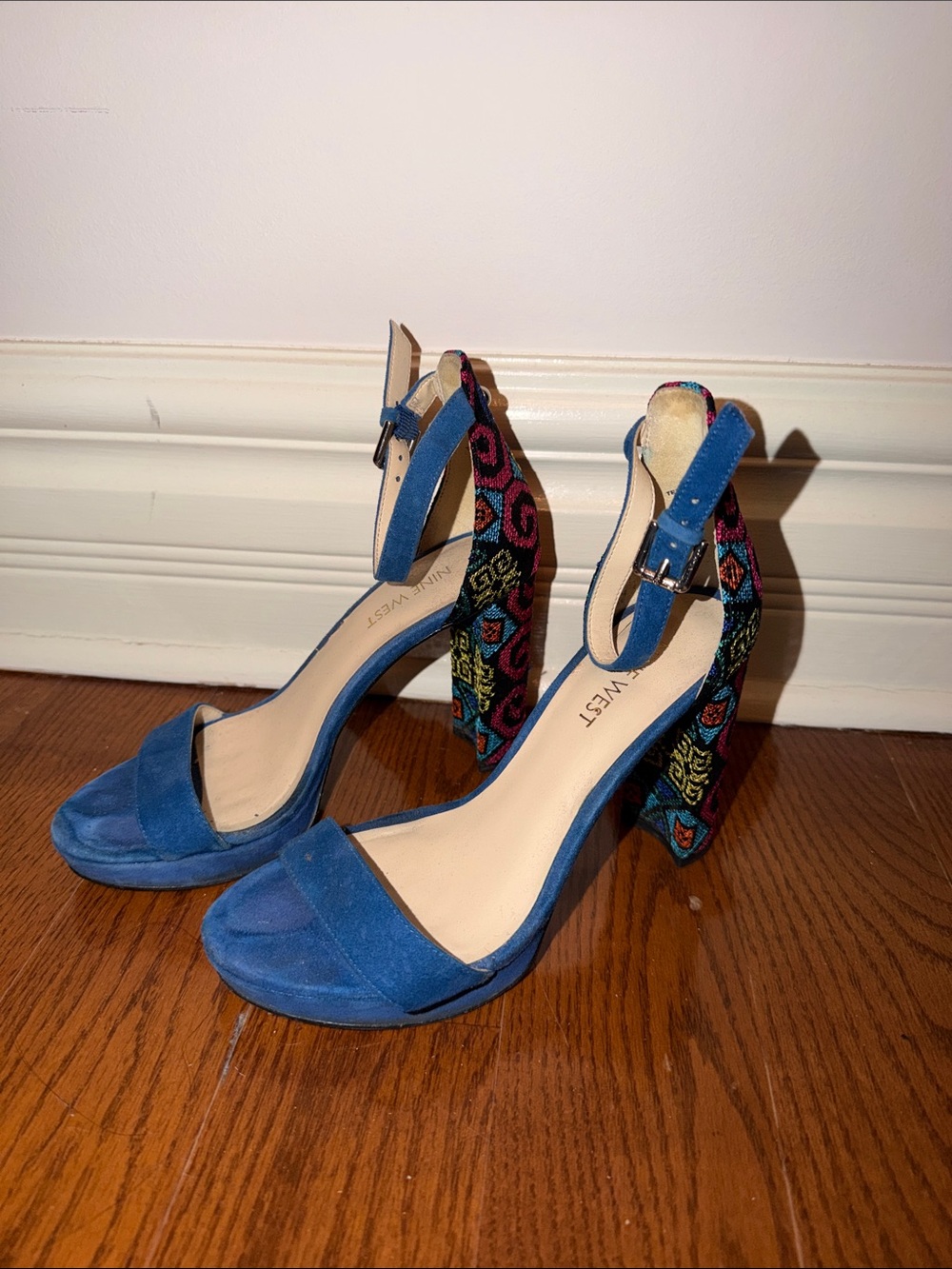Nine West Blue Suede Ankle Strap Heels with Embroidered Multicolor Block Heel